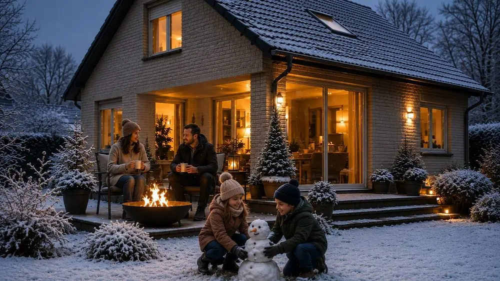 Beleuchtetes Einfamilienhaus im Winter am Niederrhein